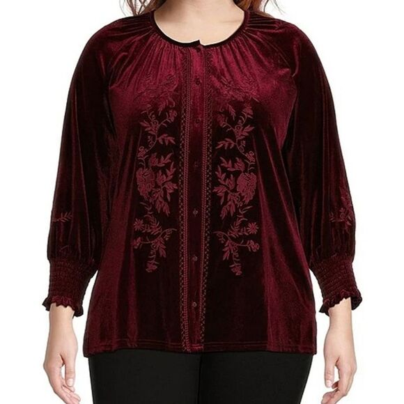 Calessa Button Up Down Shirt Womens Size 1X Red Floral Embroidered Velvet Boho - Picture 1 of 8